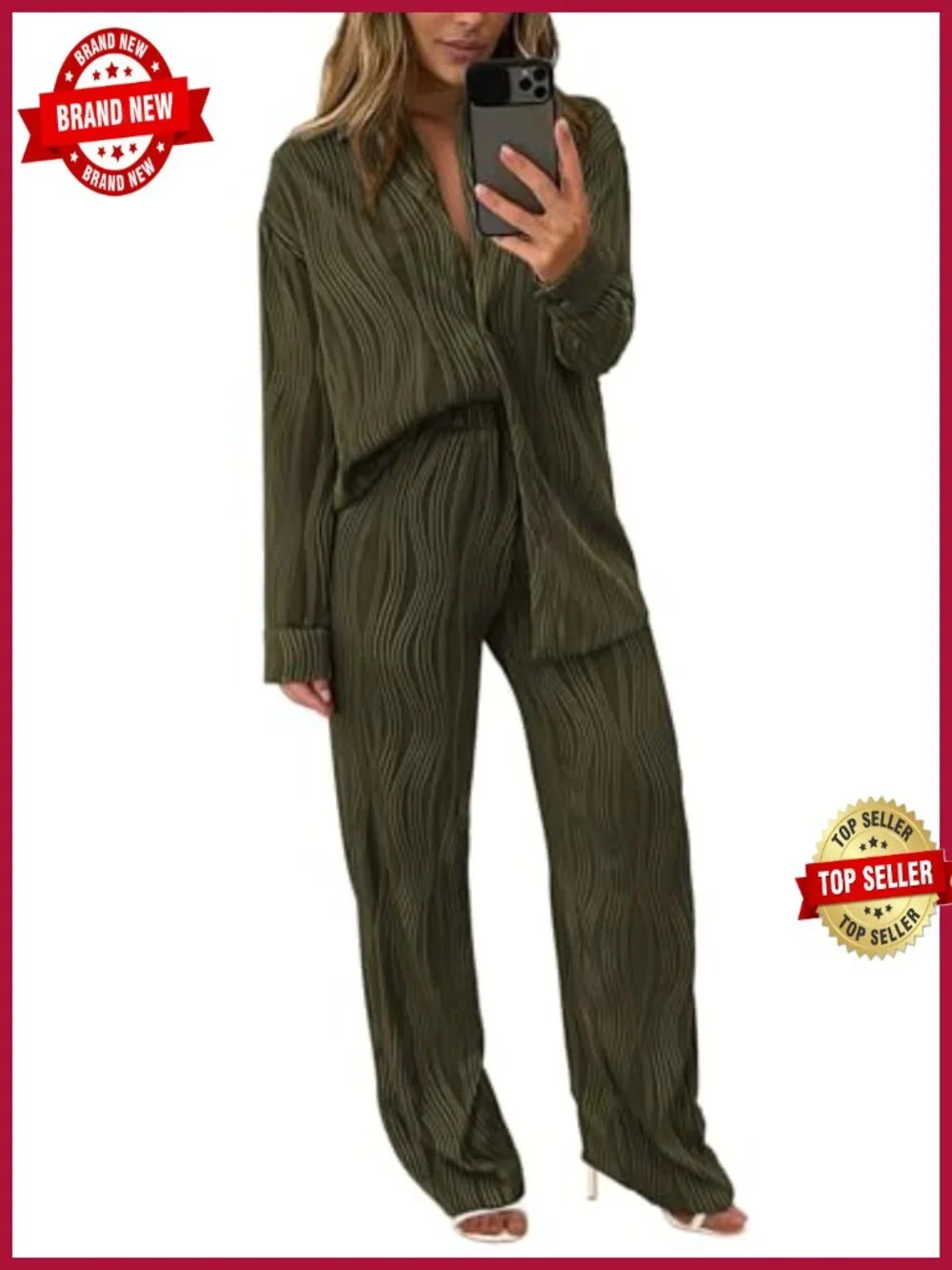 2-Piece Lounge Set, Button Down Long Sleeve Shirt with Wide Leg Pants, High